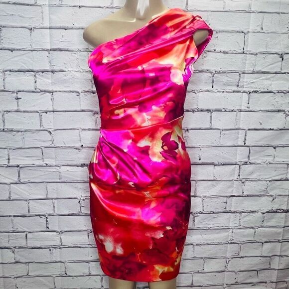 David Meister Women's Fuchsia Watercolor One-Shoulder Draped Dress Size 6 - Picture 1 of 12